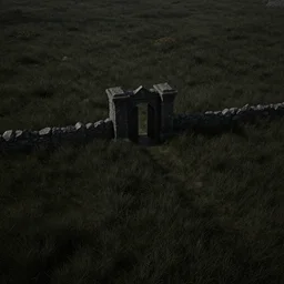 Render of a large scale dark grass field landscape with a single dark, stony gate as a centerpiece. Stylized. Digital art. Medieval. Highly detailed. Unreal engine 5. 8k. Evocative.