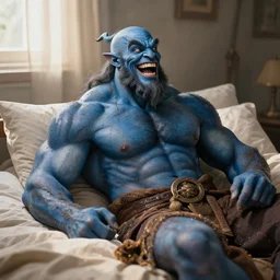 photo shot of muscular genie with blue skin covered in oil laughing, posing in bed, morning sunlight, detailed, realistic, in style of j. c. leyendecker and tom of finland
