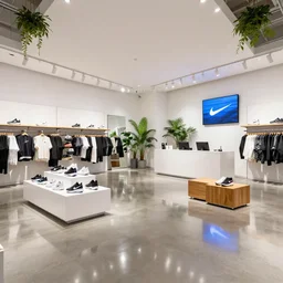 1 8 mm photograph atmospheric, 8 k, realistic lighting, reflections, symmetry, balance, hyperdetailed, detailed and intricate environment. large nike boutique flagship retail. white walls. polished concrete floor. display tables with shoes and clothes. low ceilings with downlights and spots. white corian and oak furniture. impressive counter. large digital screens on walls. verdant plants