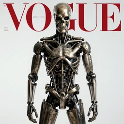 terminator. pose. studio photo. vogue magazine cover with text. highly detailed