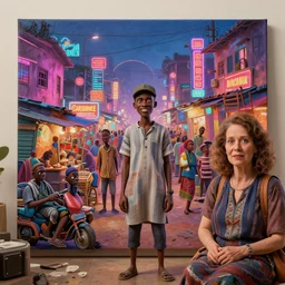stylish caricature art of a bustling neon lit ajegunle slum in nigeria, photographed by vivian maier, unreal engine 3 d vfx render, digital illustration by mike winkelmann, intricate detail, sharp, volumetric light, ray tracing, soft light, colourful, claymation, wide angle lens, acrylic on canvas, cinestill 8 0 0 t,
