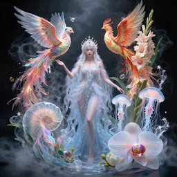 a beautiful goddess surounded with jellyfish phoenix and bird and giant orchid, flower and giant gladiola. midsommar style, intricate, elegant, surrounded by smoke and water energy flow. translucent nautilus, highly detailed. octane render, by wlop, tooth wu, greg rutkowski, alena aenami