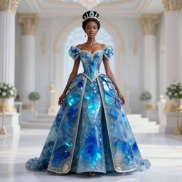 black - skinned princess in a labradorite palace, wearing an elegant dress with cyberpunk elements. this watercolor painting by the award - winning mangaka has an interesting color scheme and impeccable lighting.