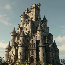 multiple medieval houses stacked on each other, creating a thin monolith, sunlight, concept art, very tall, trending on deviantart, movie still, award wining photograph