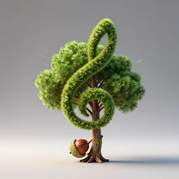 a 3D rendering of an acorn that turns into a tree in the shape of a treble clef, modern and minimal, bursts of color