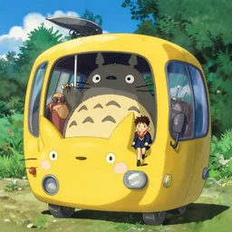 anime scene from totoro, harry potter inside yellow cat bus, in style of hokusai and hayao miyazaki