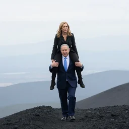 Benjamin Netanyahu carrying Sara Netanyahu on his shoulders up a black mountain, wide shot, by Franz Stuck