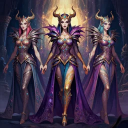 colourful necromancer queen concept art, symmetrical, rule of three, detailed body, full body, detailed face, ultradetailed digital illustration, 8 k, epic atmosphere, digital art by simon cowell and rachel walpole