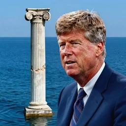 a photorealistic detailed portrait of john f kennedy, with a single eroded corinthian column in the foreground, partially submerged in a deep blue lake, raytracing, 8k, octane render, vivid, beautiful, hyperrealism”