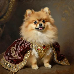 the royal king's pomeranian by greg hildebrant fancy rococo baroque regal puppy oil painting high quality award winning clothed in fancy garb