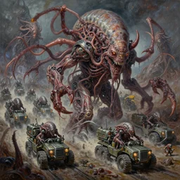 oil painting nightmare macerated future mechanized mollusk demons run army vehicles of clustered awful, metal noodle terrorizing army clawed chaos landscape flayed dropping into in terrifying necrotized skins, cinematic, fine art, ornate masterpiece, by geof darrow and by gunter von hagens