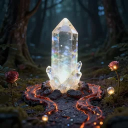 one glowing crystalized in the dark rose forest with a rose path that has glowing ovules and lava crystallized ginger by blizzard style artstation trending, magical light fog, night time, low light, volumetric lighting, ue 4, zbrush, marmoset toolbag