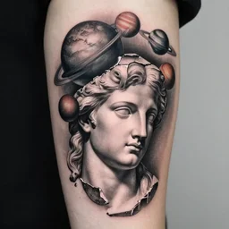 planets on the top of a broken renaissance head statue, realism tattoo design, in the style of sivak