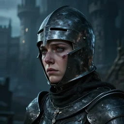 head and shoulders portrait from an side angle of a female knight with a worried helmet, scars under her grey eyes. sad and tired eyes, broken neclace. background dark mystical castle! a few thin light rays on the castle. high detail, artstation top ten, photo in the style of bruce gilden