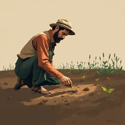 farmer kneeling down putting a seed in the soil, limited neutral palette, by petros afshar, anton fadeev, dean ellis, randolph stanley hewton, beautiful graphic full body portrait, propaganda poster art 1 9 7 0 s illustrated advertising art, painterly character design