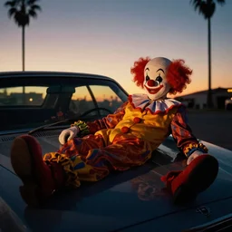 clown - bot relaxing at a california drive in, in 2 0 1 2, cutecore clowncore, bathed in the the glow of the sunset, low - light photograph, in style of tyler mitchell