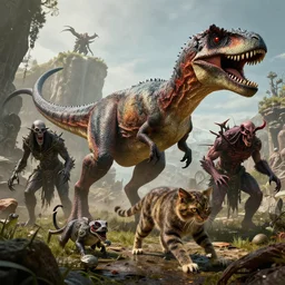 by par olofsson and wayne barlowe, visually stunning, cinematic, ultra realistic, hyper realism, 1 2 k, epic, octane render, unreal engine, vfx, maya, imp, wild growth, swipe, cat trick, unearthed raptor, voodoo master vex, bloodscent vilefin, tyrantus, lesser jasper spellstone, ghoul infestor