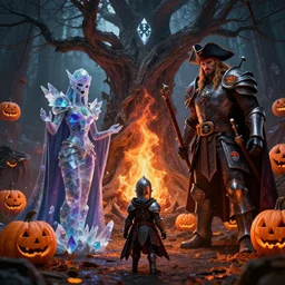 by par olofsson and jenni pasanen, visually stunning, cinematic, ultra realistic, hyper realism, 1 2 k, epic, octane render, unreal engine, vfx, maya, tiny knight of evil, crystalline oracle, spiritspeaker azun, felfire potion, the halloween tree, sad jack - o - lanterns, sunfury protector, patches the pirate
