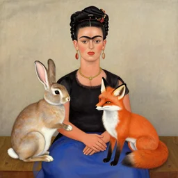 a rabbit, a fox, by frida kahlo, chinese painting, tonal colors, insanely detailed and intricate, hypermaximalist, elegant, ornate, hyper realistic, super detailed, cuddling together in a colorful meadow