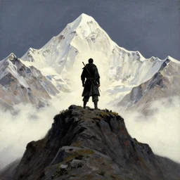 painting of a lonesome warrior at the peak of himalayas, style of conrad roset and kentaro miura