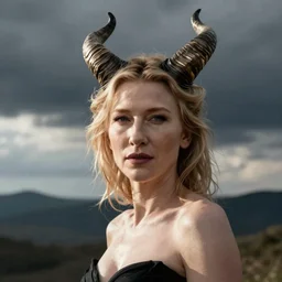 hypperrealistic photograph of cate blanchett with horns