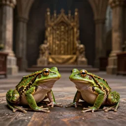 frogs at a medieval throne room, highly detailed, extremely high quality, hd, 4 k, 8 k, professional photographer, 4 0 mp, lifelike, top - rated, award winning, cinematic, realistic, detailed lighting, detailed shadows, sharp, no blur, edited, corrected, trending