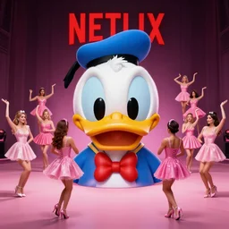 3 d wide shot, a large donald duck head, surrounded by 9 dancing ladies in pink cocktail dresses, netflix logo, beeple