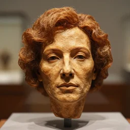 close up portrait of a dried plum with the head of maggie smith. it's being exhibited in a museum