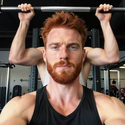 8 k insanely detailed high quality selfie photo of a ginger handsome gym bro doing pullups at the gym, beautiful sexy handsome symmetrical face