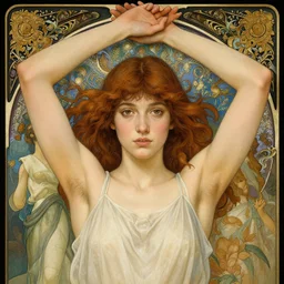 photography of a 1 8 years old woman with hands - up and hairy armpits, deep focus, intricate, elegant, highly detailed, digital painting, artstation, concept art, matte, sharp focus, illustration, art by artgerm and greg rutkowski and alphonse mucha and gil elvgren