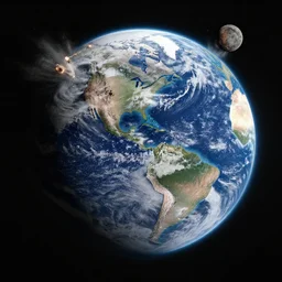 photo of the Moon crashing into planet Earth. Apocalyptic meteor impact is the moon falling to the earth. The ending of all life.