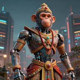 high quality 3 d render happy cyborg! man monkey hybrid madhubani, highly detailed, cyberpunk!! mumbai in the background, unreal engine cinematic smooth, szukalski ravi varma, moody light, low angle, uhd 8 k, sharp focus