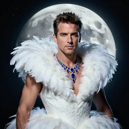 hyperrealistic portrait of a man as jeff goldblum posing to noir moon in a white swan dress wearing sapphire jewellery with long feather collar by jeremy mann and alphonse mucha, fantasy art, photo realistic, dynamic lighting, artstation, poster, volumetric lighting, very detailed faces, 4 k, award winning
