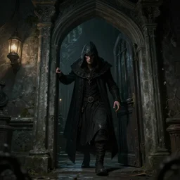 A rogue sneaking inside of a manor. Dark Fantasy. Dungeon and Dragons. Artstation.