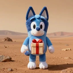 blue'snappy gifts'human - sized plush doll, on the background of mars landscape, holding gift, hazy atmosphere, high detail, soft lighting, 8 k