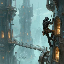 landscape painting of fantasy metal steampunk city that has a light blue glow with walkways and lit windows with a hooded thief in leathers climbing a building using a rope, fine details, magali villeneuve, artgerm, rutkowski