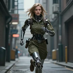 cybernetic android girl in a cyberpunk city running through a back alleyway dressed in military attire