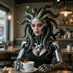 portrait of a real life terminator gorgon medusa with borg implants and robotic snakes coming out of her head. Tiny green led lights in her cybernetics. She is sitting in a cafe having a cup of coffee. very detailed 8k