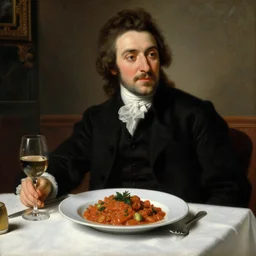 baroque oil painting handsome aristocrat in elegant black suit in a restaurant, dish with lomo saltado in a plate, painted by cushart krentz jeremy mann peter paul rubens, wine glass, marble interior, close up shot, soft lighting, dark color scheme, white tablecloth, baroque style, volumetric lighting, photo realistic, highly detailed