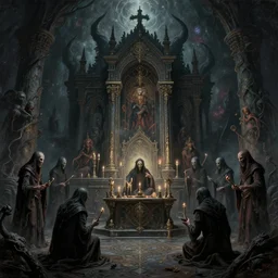 a lovecraftian painting of a demonic shrine, occult, paigan ritual, masked cult members, cosmic horror elements, ultra realistic, concept art, intricate details, eerie, highly detailed, photorealistic, octane render, 8 k, unreal engine. art by artgerm and greg rutkowski and alphonse mucha