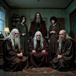 hyperrealistic cinestill of breton monks acting in blair witch project looking like rasputin, michael hutter, kentaro miura, junji ito, gantz, hideo kojima, weirdly inside toronto apartment. colorized. scp historical archives. david lynchian atmosphere. deep aesthetics of weirdcore