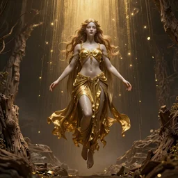 portrait photo of a surreal goddess floating in the middle of a ancient wood, gold raining in the background, ultra super good realistic 3D render by Pete Morbacher and Emil Melmoth, insanely detailed, trending on artstation, sharp focus