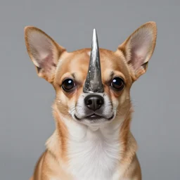 a chihuahua dog with a rhino horn on its face, digital art, surreal