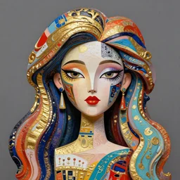 portrait, patchwork doll, cyberpunk, elegant baroque, expressive, asymmetrical art, hyperrealism, colorful, vivid, imposing, epic, abstract texture, gold leaf texture, artstation, concept art, by peter mohrbacher and wlop and rhads and artgerm and magali villeneuve and alphonse mucha