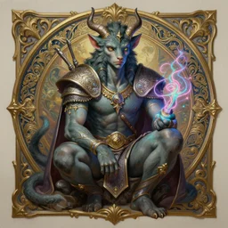 painting of a young man satyr bard with neon magic character design from baldur's gate 3, decorated, intricate, elegant, highly detailed, digital painting, artstation, concept art, smooth, sharp focus, illustration, art by artgerm and greg rutkowski and alphonse mucha, 8 k