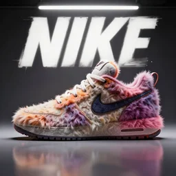 poster nike shoe made of very fluffy colorful faux fur placed on reflective surface, professional advertising, overhead lighting, heavy detail, realistic by nate vanhook, mark miner