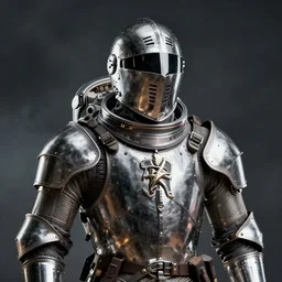 a A knights templar wearing a space suit, broad shoulders, tactical, smokey background, octane render, 4k, realistic, highly detailed, digital art, epic, render, 4k, 8k in the style of artstation deviantart,High Resolution