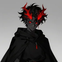 Demon boy, yokai, vantablack cloak, red eyes, electrified hair, upturned hair, digital art, trending on Artstation