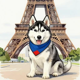 hand drawn painting of a puppy husky wearing a scarf , in front of effiel twoer