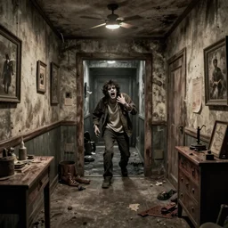 there was a strange wailing sound coming from the next room, monster in the hallway, highly detailed, still shot from movie, wide shot